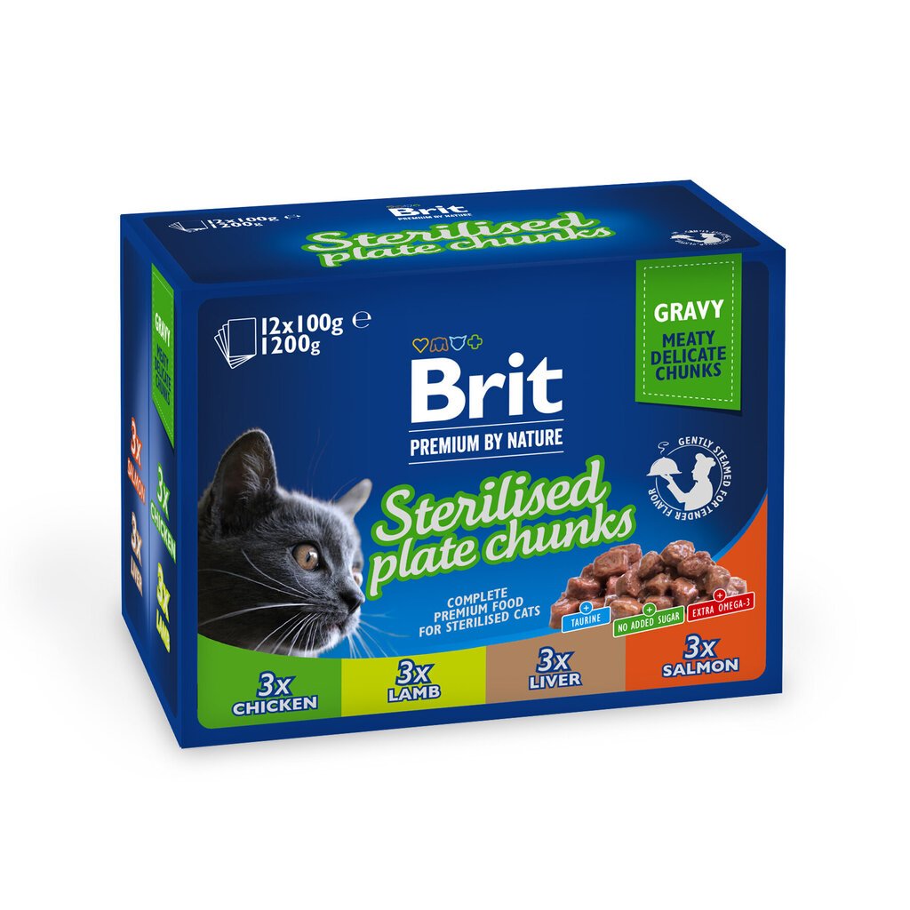 Brit Premium Cat Sterilized Plate märkäruoka steriloiduille kissoille, 12x100 g hinta ja tiedot | Kissanruoka | hobbyhall.fi