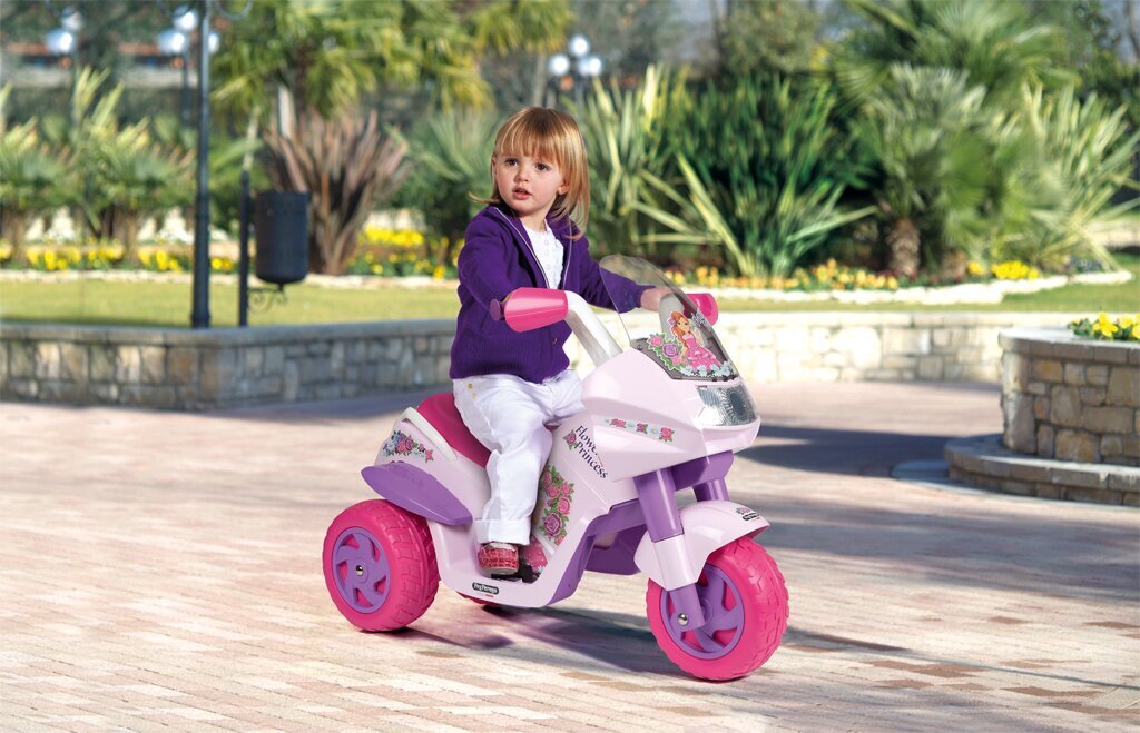 Kolmipyöräinen lasten sähkömoottoripyörä Peg Perego Flower Princess 6V, vaaleanpunainen hinta ja tiedot | Lasten sähköautot | hobbyhall.fi