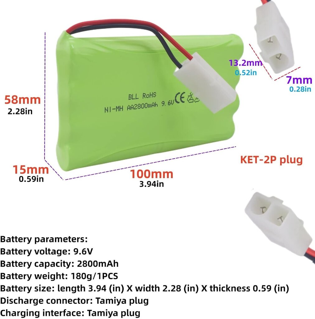 Ladattava AA-akku 9.6V 2000mAh | Tamiya-liittimellä ja USB-latauskaapelilla | Ihanteellinen autoille, kuorma-autoille, tankeille ja RC-veneille | 100x57x15mm | 100g hinta ja tiedot | Paristot | hobbyhall.fi