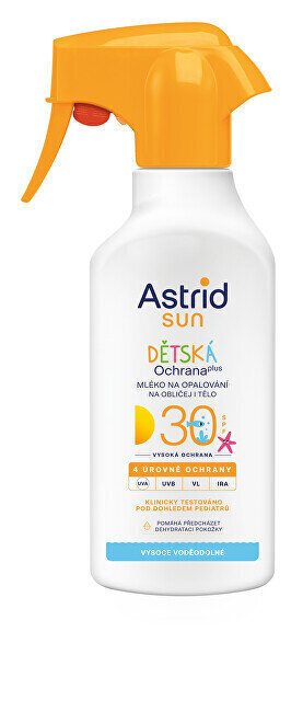 Suihkutettava aurinkosuojalotion vartalolle ja kasvoille lapsille Astrid Sun SPF30, 200 ml hinta ja tiedot | Aurinkovoiteet | hobbyhall.fi