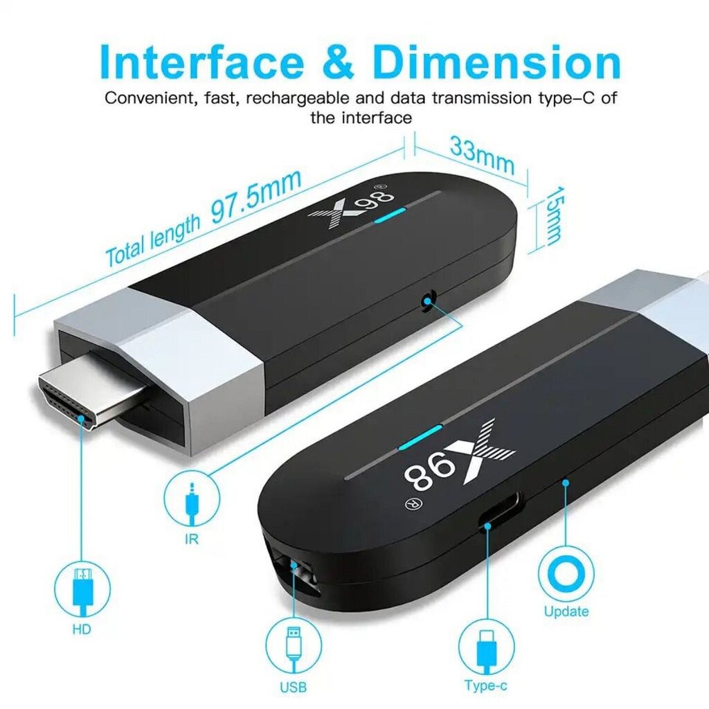 Riff X98 S500 Mini TV Stick SmartBox Android 11 Amlogic S905Y4 Quad Core AV1 HDR10+ 4K 60fps 5G Wifi 4GB+32GB hinta ja tiedot | TV-lisätarvikkeet | hobbyhall.fi