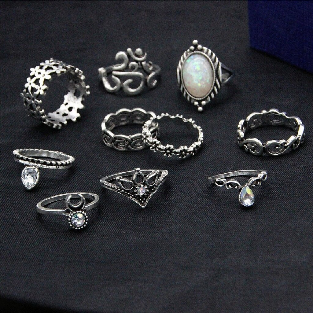 hopea RETRO PUNK BOHO 15 RETRO RENGASSARJA RETRO RINGIT 15-SILVER-RINGS hinta ja tiedot | Sormukset | hobbyhall.fi