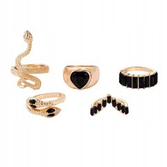 SET OF GOLD RETRO PUNK VINTAGE RINGS 5 kpl Käärme sydän musta Z33_BLACK hinta ja tiedot | Sormukset | hobbyhall.fi