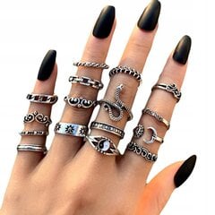 RETRO PUNK VINTAGE 16 kpl CASUAL SET of SILVER RINGS Z26 hinta ja tiedot | Sormukset | hobbyhall.fi