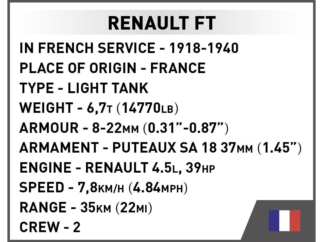 Rakennussarja Cobi Renault FT, 1/35, 2991 hinta ja tiedot | LEGOT ja rakennuslelut | hobbyhall.fi