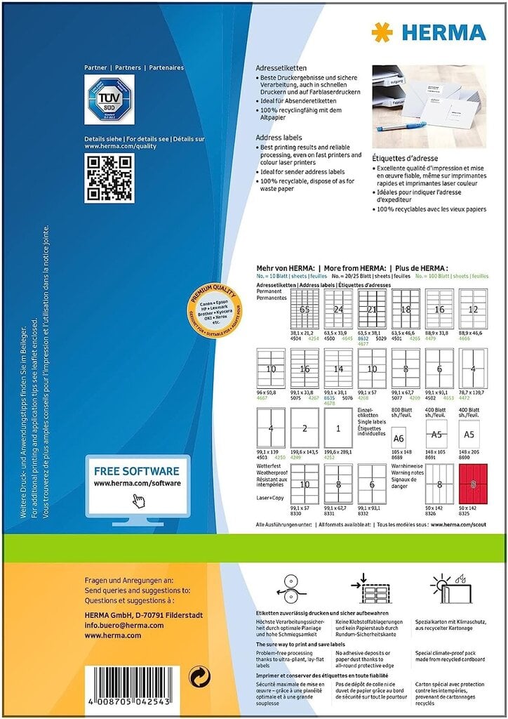 Herma 4254 -osoitetarra DIN A4, 38,1 x 21,2 mm, 100 arkkia, paperi, matta hinta ja tiedot | Toimistotarvikkeet | hobbyhall.fi