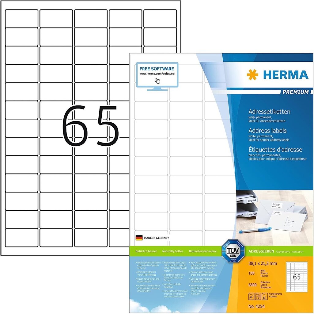 Herma 4254 -osoitetarra DIN A4, 38,1 x 21,2 mm, 100 arkkia, paperi, matta hinta ja tiedot | Toimistotarvikkeet | hobbyhall.fi