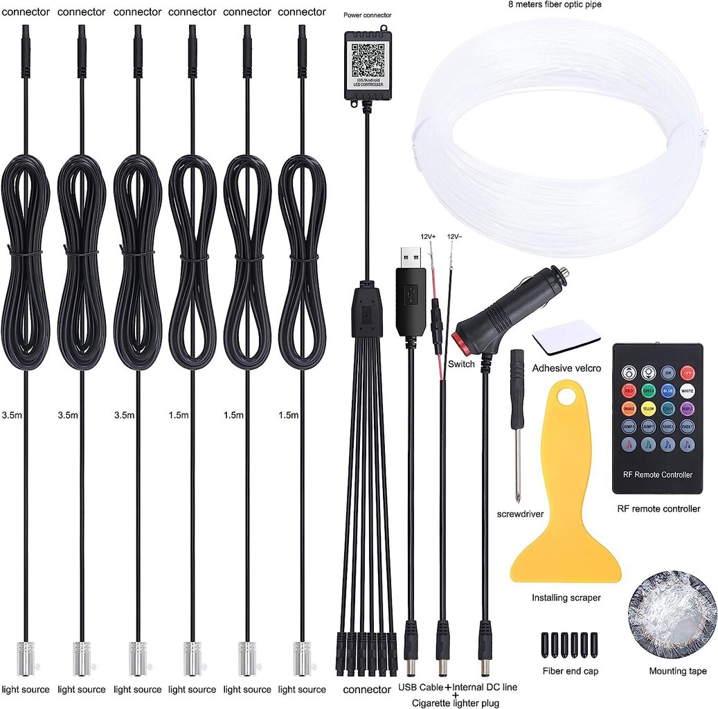 Välilehdet auto ympäröivä kevyt RGB -kaukosäädin + sovelluksen ohjaus Koristeellinen lamppu DIY Refit Joustava lasikuituputki 64 Värit Sisävalaistusilmapiiri 1W 12 V 8M hinta ja tiedot | Polttimot | hobbyhall.fi