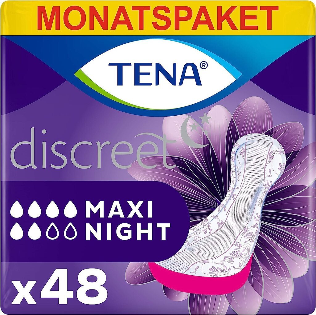 Tena Disreet Maxi Night - 48 pohjallista kuukausipaketissa (8 x 6 kappaletta), erikseen pakattu - hygienia -inlay -naisille B06XYJ4PF3 hinta ja tiedot | Tamponit ja terveyssiteet | hobbyhall.fi