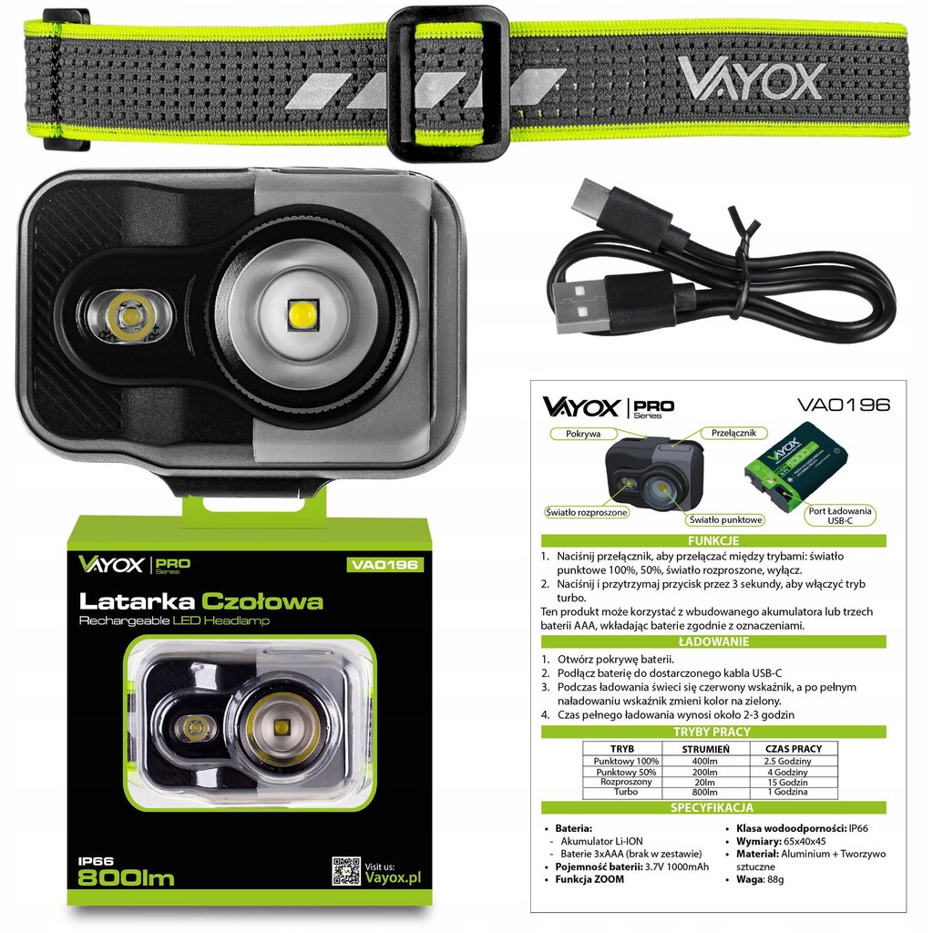 Ladattava otsalamppu 800lm SEOUL+ SMD Pro Series VA0196 Vayox hinta ja tiedot | Taskulamput ja valonheittimet | hobbyhall.fi