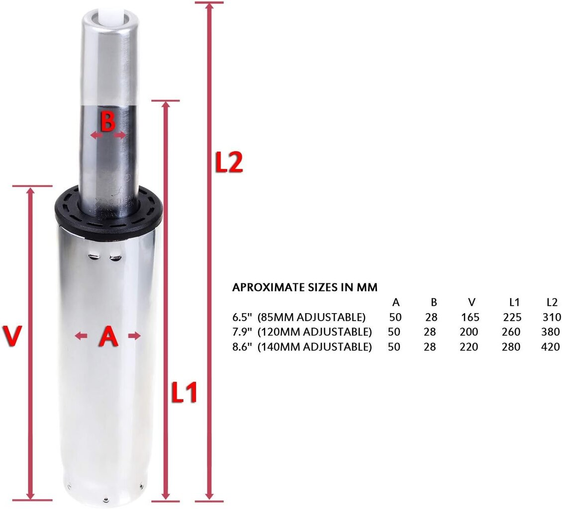 Tuka -kaasun paineen jousikaasun nosto toimistotuolille, kokonaispituus 260 mm - 380 mm, männän pituus 7,9 " / 200 mm Vaihtokaasun painevaimentin sylinteri jakkara kääntötuolille, korkeus säädettävä, jopa 180 kg, kromi, TKD5202-120 hinta ja tiedot | Istuinsuojat | hobbyhall.fi