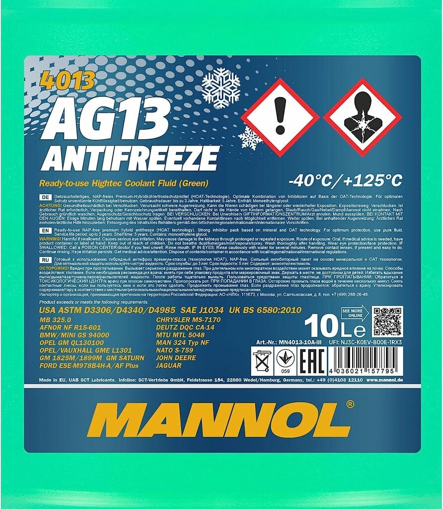 Mannolin antrifreeze AG13-40 REFFALROS PORTTIORI JÄÄNTÄ, 10 litraa hinta ja tiedot | Lasinpesunesteet ja jäähdytysnesteet | hobbyhall.fi