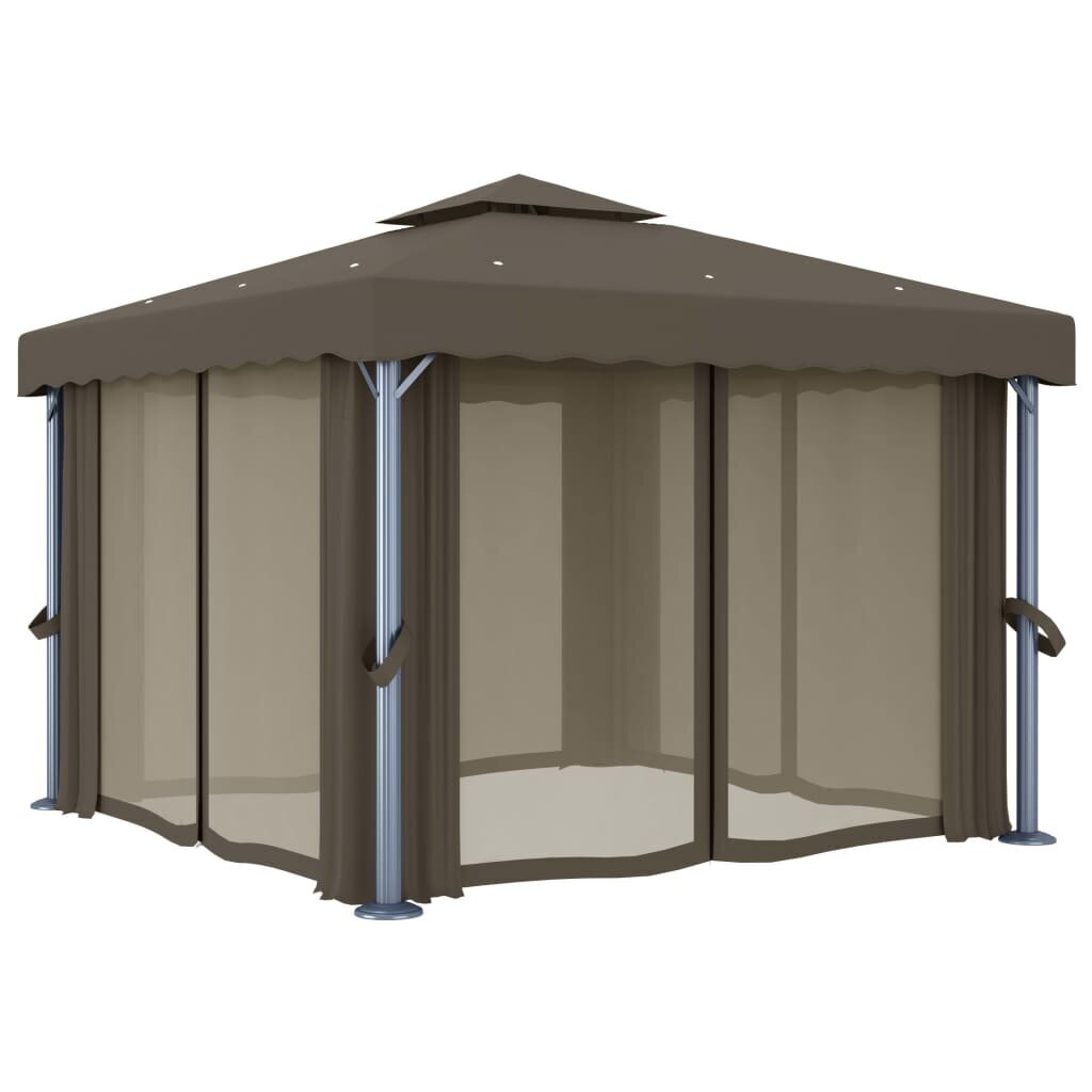 Huvimaja LED-valoilla ja verhoilla, taupe, 3x3m hinta ja tiedot | Puutarhapaviljongit | hobbyhall.fi