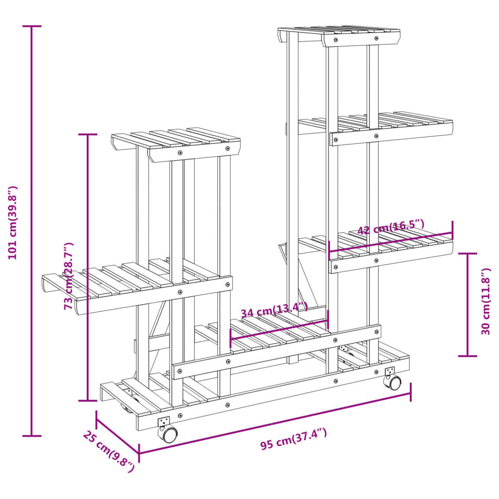 Kukkaruukkuteline pyörillä, 95x25x101cm hinta ja tiedot | Kukkatelineet ja kukkapöydät | hobbyhall.fi