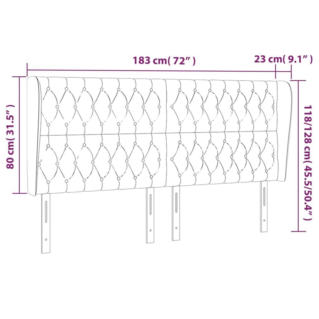 Pääty korvilla, harmaa, 183x23x118/128cm, sametti hinta ja tiedot | Sängyt | hobbyhall.fi