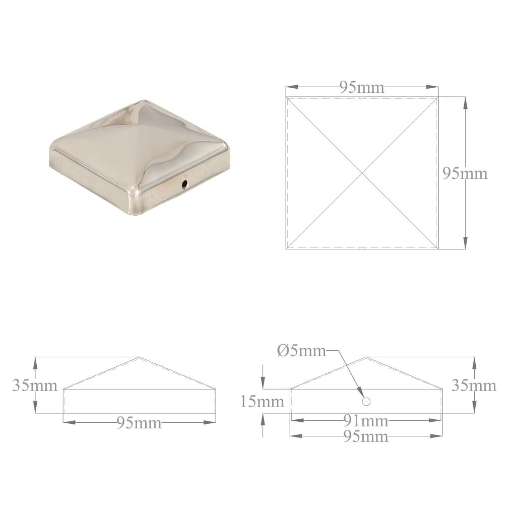 Aitatolppahatut, 6 kpl, 91x91mm, ruostumaton teräs hinta ja tiedot | Aidat ja tarvikkeet | hobbyhall.fi