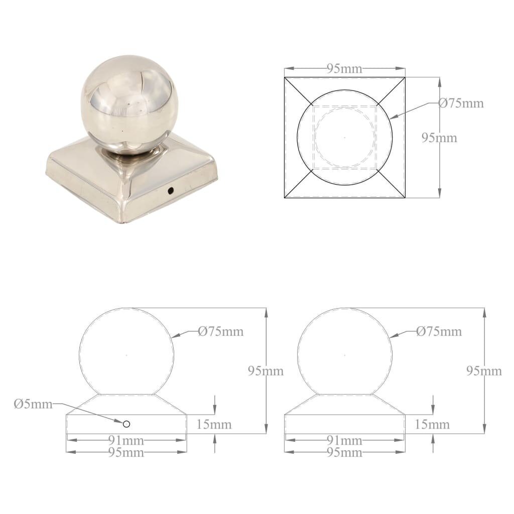 Pylväskorkit, 6 kpl, 91x91mm, ruostumaton teräs hinta ja tiedot | Aidat ja tarvikkeet | hobbyhall.fi