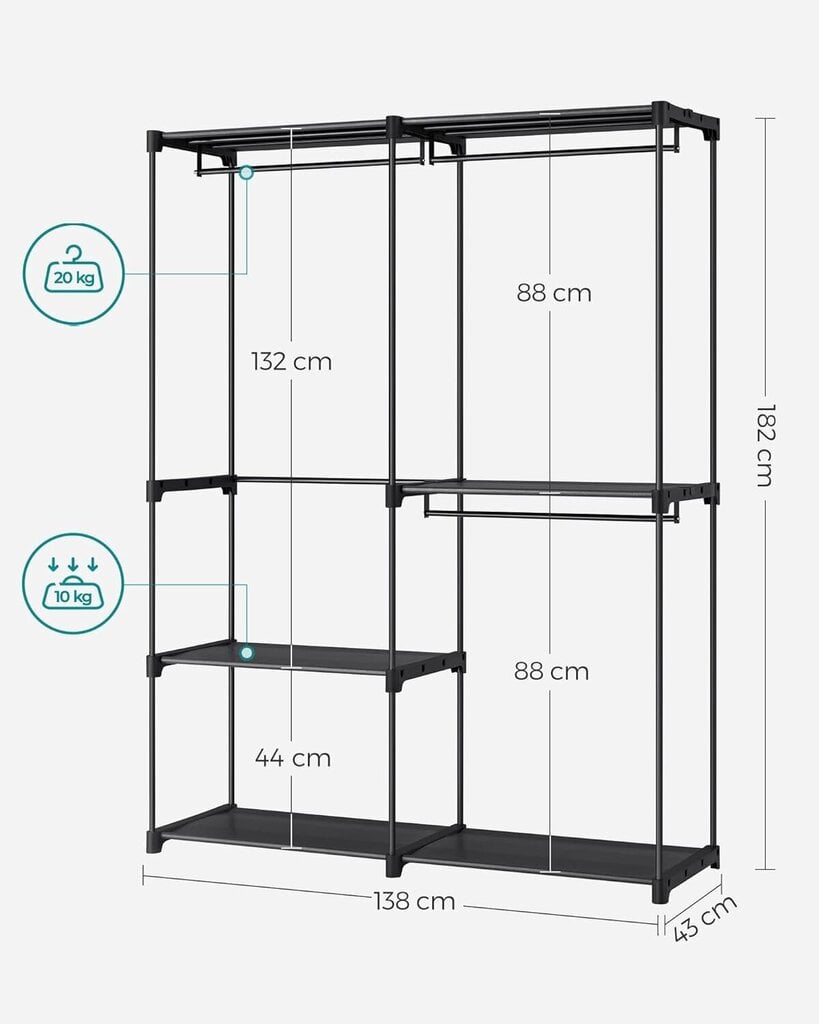 Avovaatekaappi, 43 x 138 x 182 cm musta, RYG025B02 hinta ja tiedot | Kaapit | hobbyhall.fi