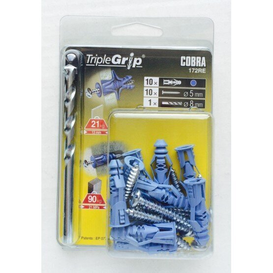 5mm Cobra Blue Triple Grip, 10 kpl, seinäkiinnitys kipsilevyyn ja muuraukseen hinta ja tiedot | Kiinnitystarvikkeet | hobbyhall.fi