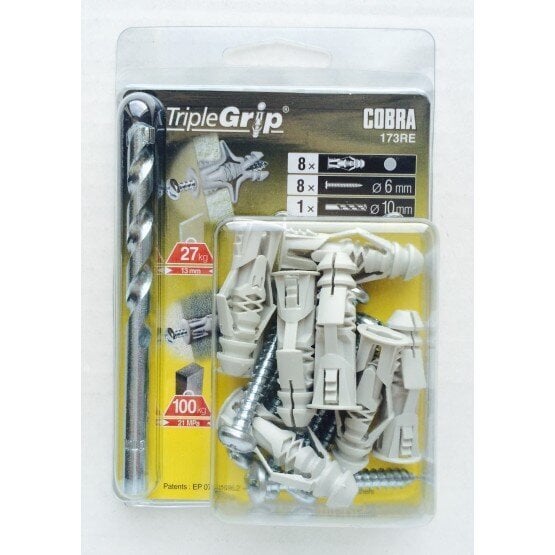 6mm Cobra Grey Triple Grip, 8 kpl, universaali seinäkiinnitys kipsilevyyn ja muuraukseen hinta ja tiedot | Kiinnitystarvikkeet | hobbyhall.fi