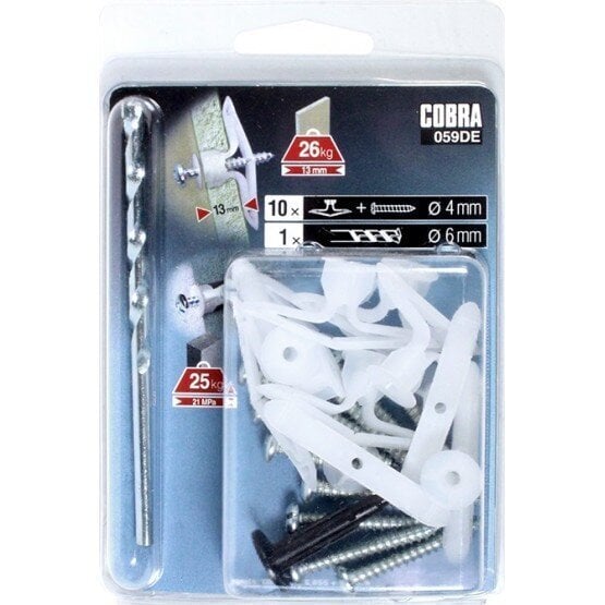 4mm Cobra Long Nylon Toggle, 10 Pack, kipsilevy seinäankkuri hinta ja tiedot | Kiinnitystarvikkeet | hobbyhall.fi