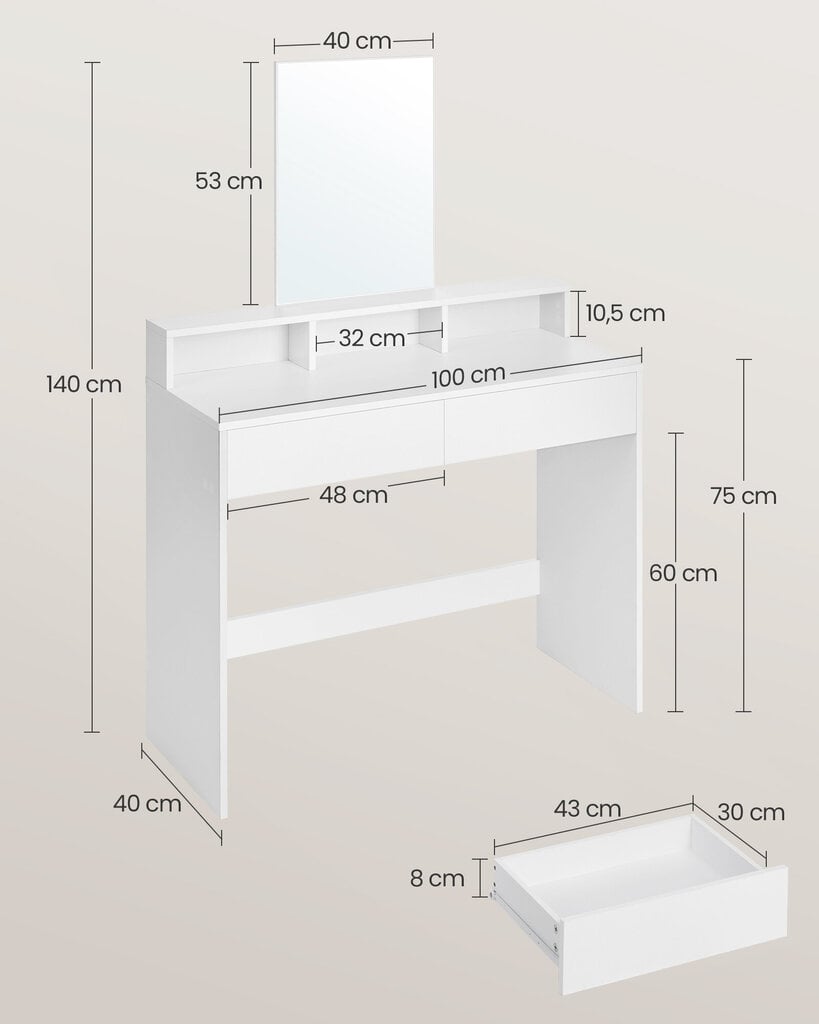 Peilipöytä Songmics, 140 x 40 x 10 cm, valkoinen hinta ja tiedot | Peilipöydät | hobbyhall.fi