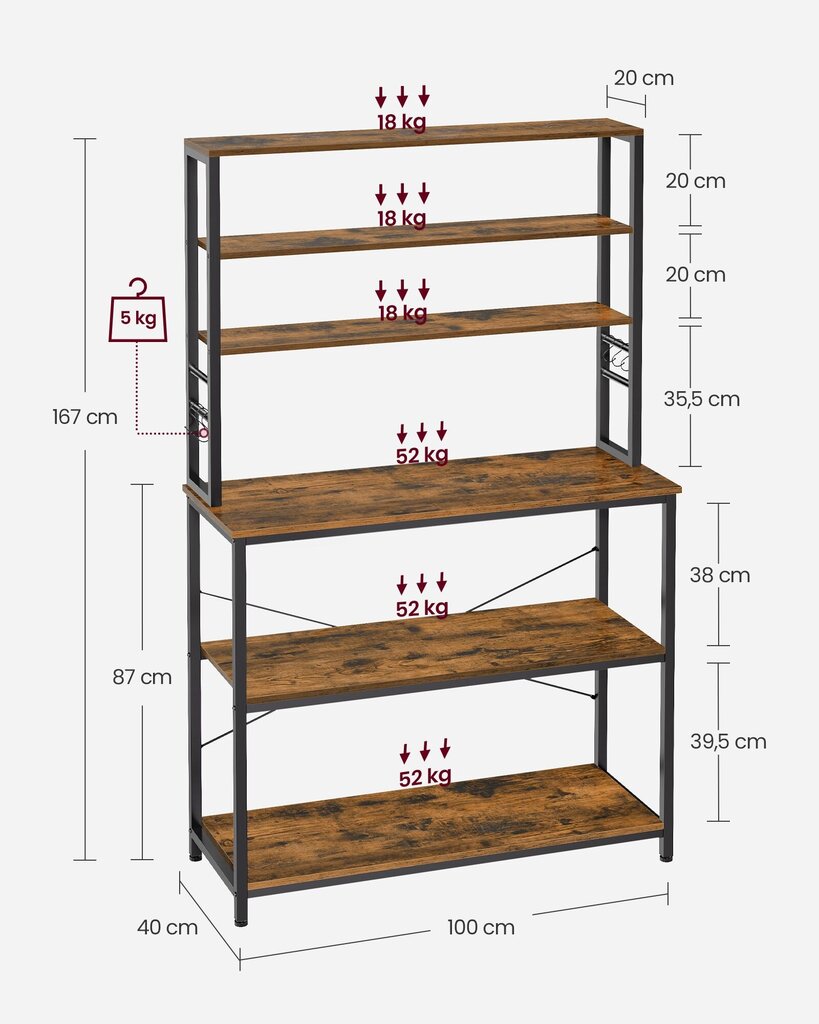 Hylly Songmics, 40 x 100 x 167 cm, ruskea hinta ja tiedot | Hyllyt | hobbyhall.fi