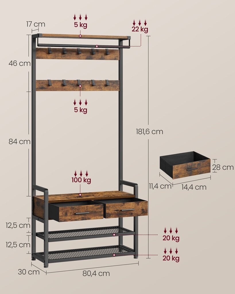 Vaateteline Songmics, 30 x 80,4 x 181,6 cm, ruskea hinta ja tiedot | Naulakot | hobbyhall.fi