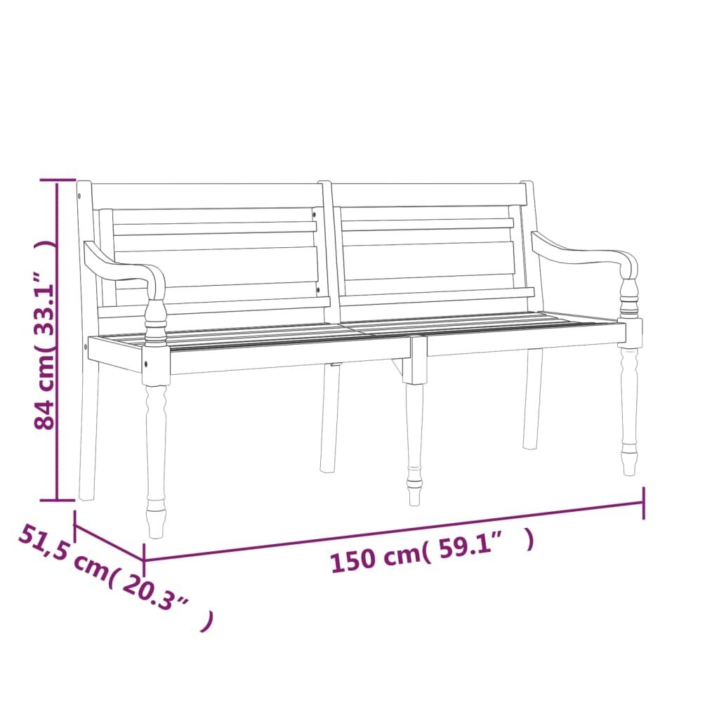 vidaXL Batavia penkki lehtityynyllä, 150cm, tiikki hinta ja tiedot | Puutarhapenkit | hobbyhall.fi