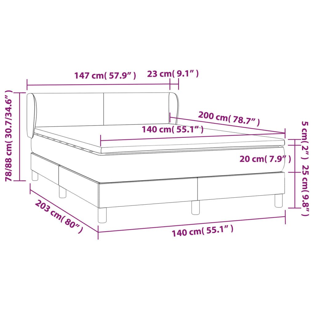 vidaXL Sänky jousilla ja patjalla, harmaa, 140x200cm, kangas hinta ja tiedot | Sängyt | hobbyhall.fi