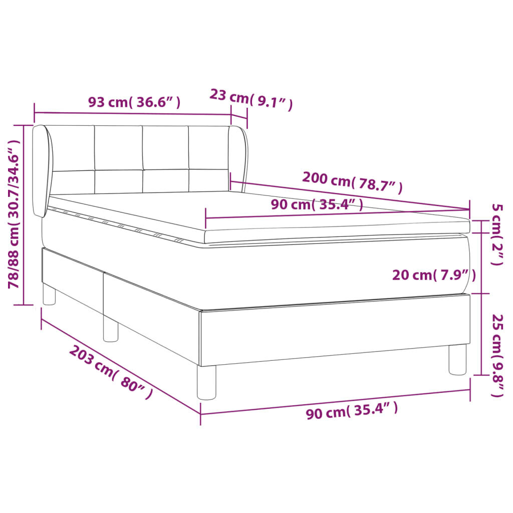 vidaXL Sänky jousilla ja patjalla, harmaa, 90x200 cm, kangas hinta ja tiedot | Sängyt | hobbyhall.fi