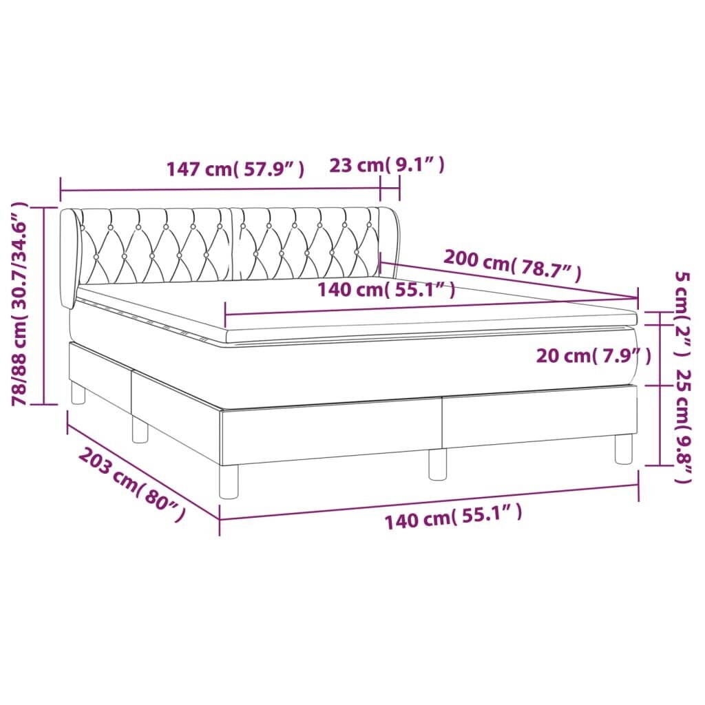 vidaXL Sänky jousilla ja patjalla, harmaa, 140x200cm, kangas hinta ja tiedot | Sängyt | hobbyhall.fi