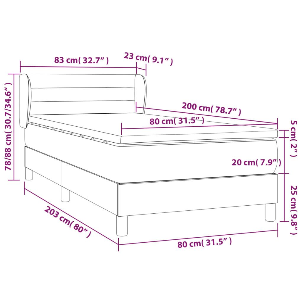 vidaXL Sänky jousilla ja patjalla, harmaa, 80x200cm, kangas hinta ja tiedot | Sängyt | hobbyhall.fi