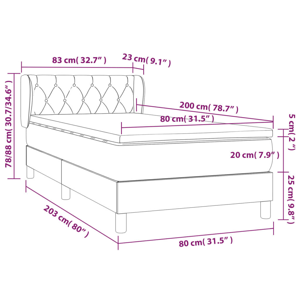 vidaXL Sänky jousilla ja patjalla, harmaa, 80x200cm, kangas hinta ja tiedot | Sängyt | hobbyhall.fi