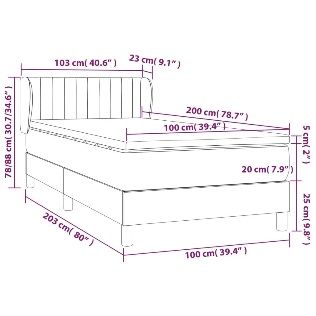 vidaXL Sänky jousilla ja patjalla, harmaa, 100x200 cm, sametti hinta ja tiedot | Sängyt | hobbyhall.fi