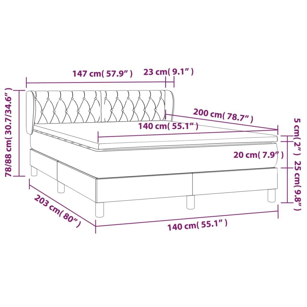 vidaXL Sänky jousilla ja patjalla, harmaa, 140x200 cm, sametti hinta ja tiedot | Sängyt | hobbyhall.fi