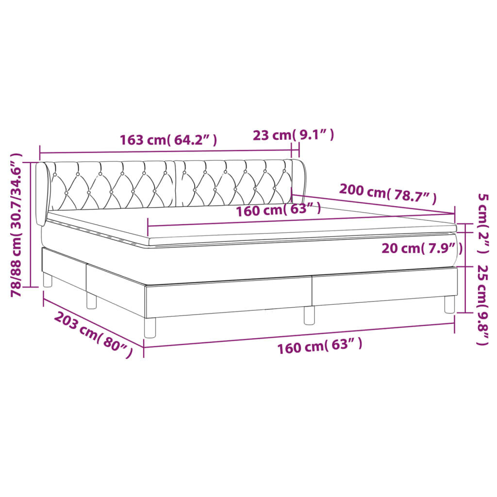 vidaXL Box jousisänky patjalla, harmaa, 160x200 cm, sametti hinta ja tiedot | Sängyt | hobbyhall.fi