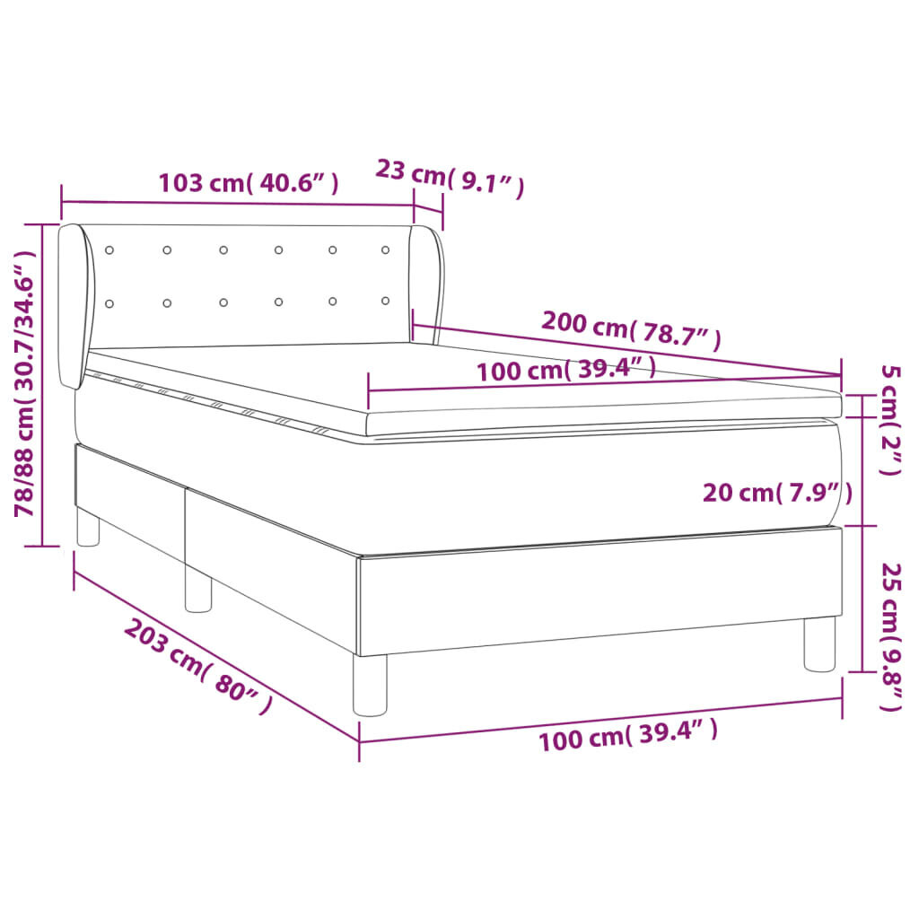 vidaXL Box jousisänky patjalla, musta, 100x200 cm, sametti hinta ja tiedot | Sängyt | hobbyhall.fi