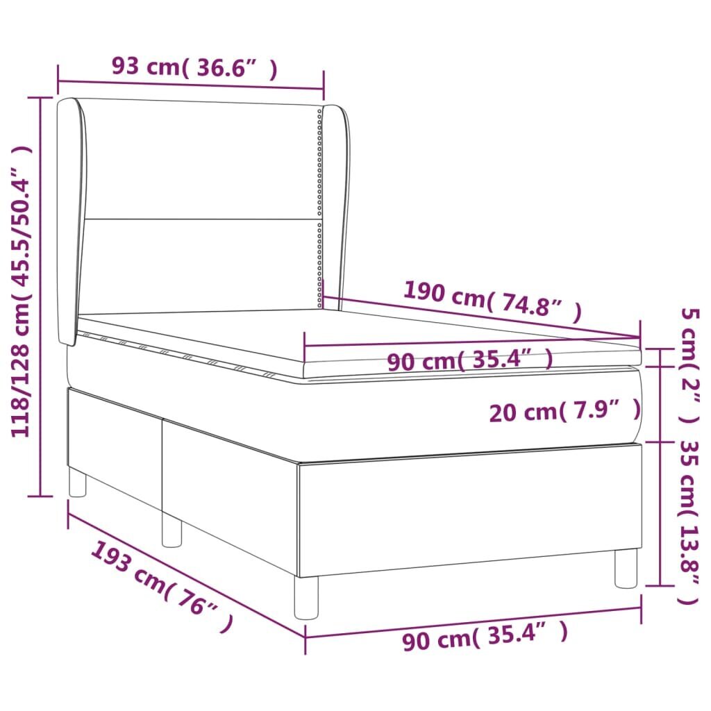 vidaXL Sänky jousilla ja patjalla, tummanharmaa, 90x190cm, kangas hinta ja tiedot | Sängyt | hobbyhall.fi