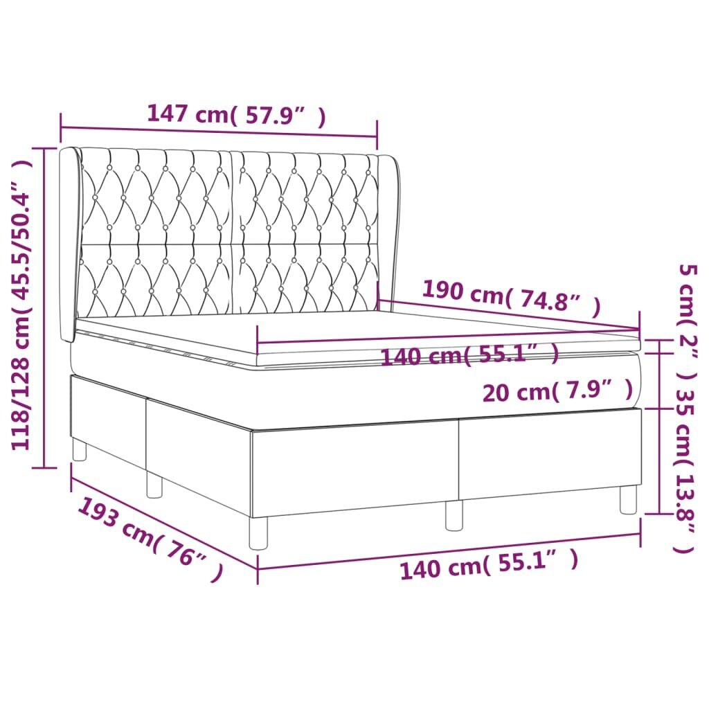 vidaXL Sänky jousilla ja patjalla, harmaa, 140x190cm, kangas hinta ja tiedot | Sängyt | hobbyhall.fi