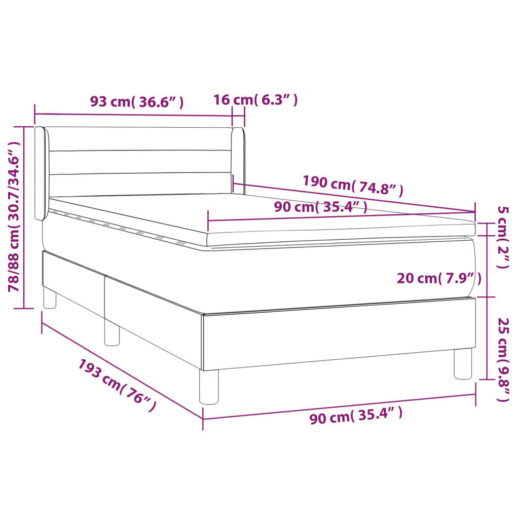 vidaXL Sänky, tummanharmaa, 90x190cm hinta ja tiedot | Sängyt | hobbyhall.fi