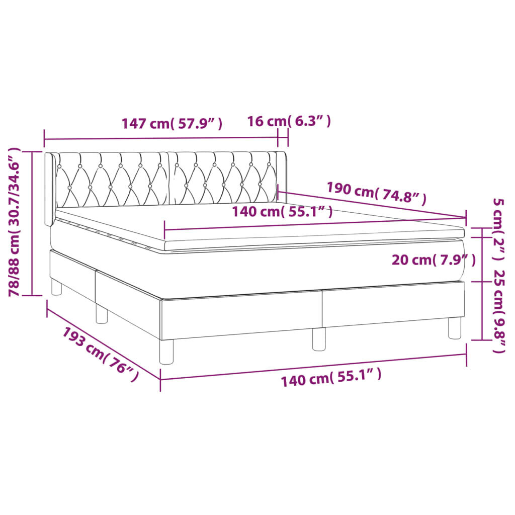 vidaXL Joustinpatjasänky, tummanharmaa, 140x200 cm hinta ja tiedot | Sängyt | hobbyhall.fi