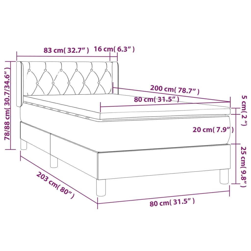 vidaXL Sänky jousilla ja patjalla, tummanharmaa, 80x200 cm hinta ja tiedot | Sängyt | hobbyhall.fi