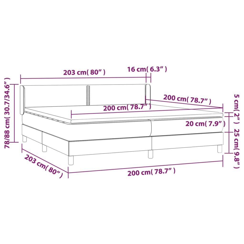 vidaXL Sänky jousilla ja patjalla, harmaa, 200x200 cm, sametti hinta ja tiedot | Sängyt | hobbyhall.fi