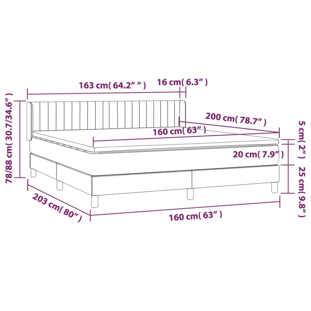 vidaXL Sänky jousilla ja patjalla, harmaa, 160x200 cm, sametti hinta ja tiedot | Sängyt | hobbyhall.fi