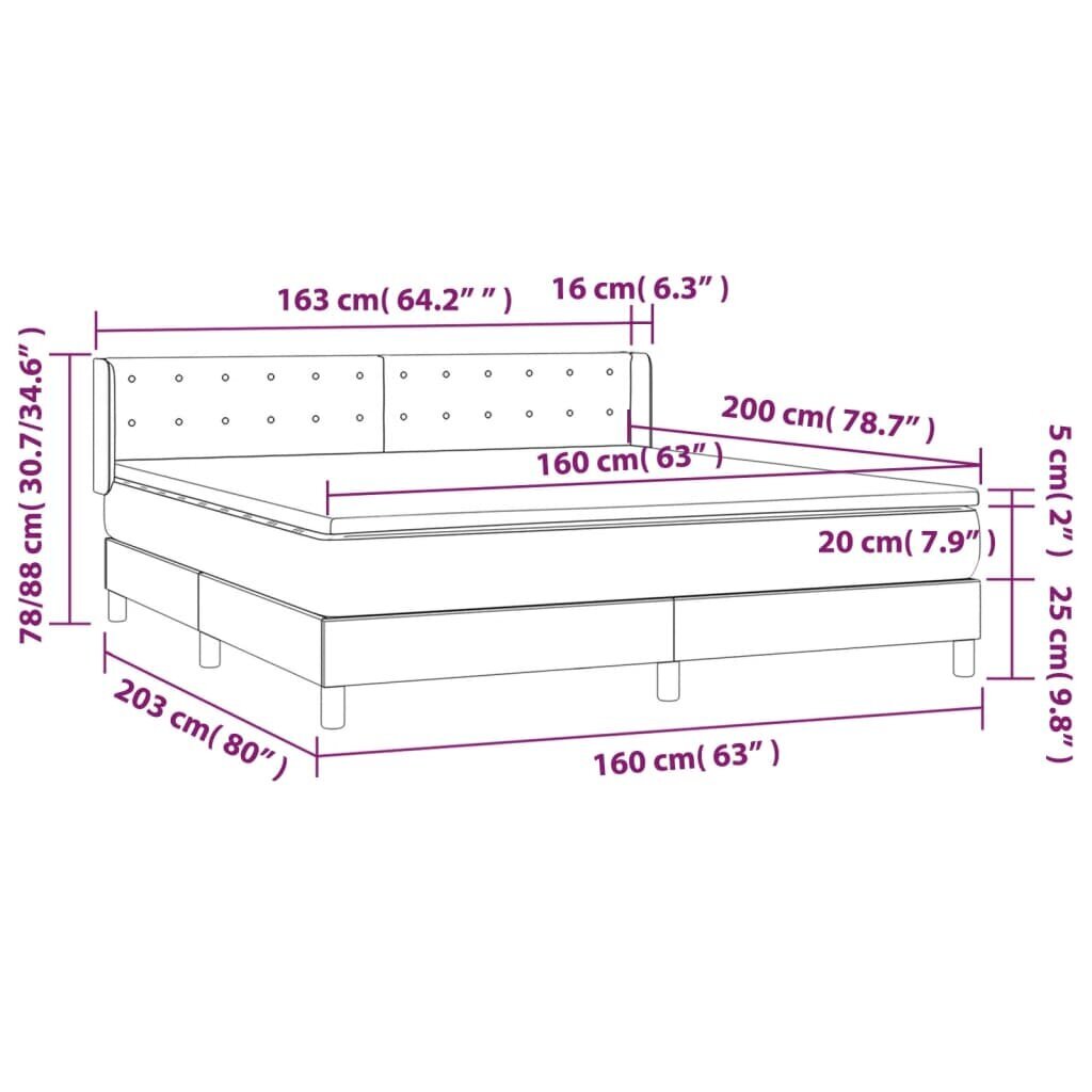 vidaXL Sänky jousilla ja patjalla, harmaa, 160x200 cm, sametti hinta ja tiedot | Sängyt | hobbyhall.fi