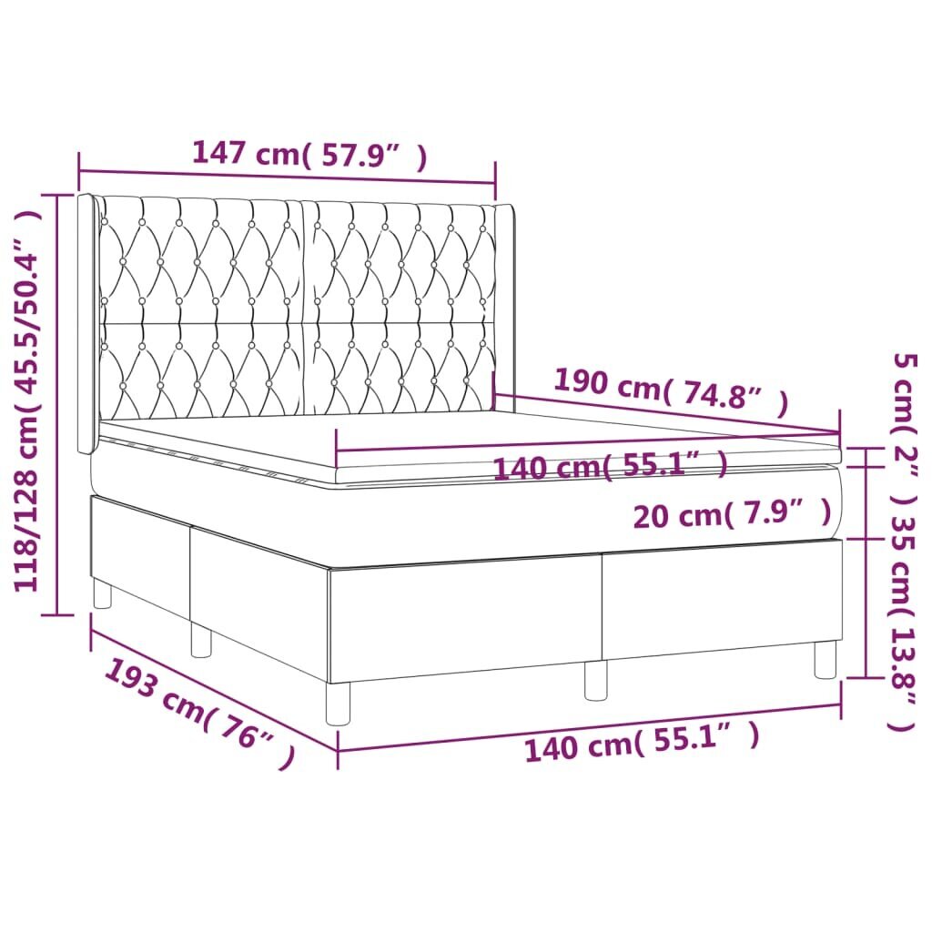 vidaXL Sänky jousilla ja patjalla, harmaa, 140x190cm, kangas hinta ja tiedot | Sängyt | hobbyhall.fi