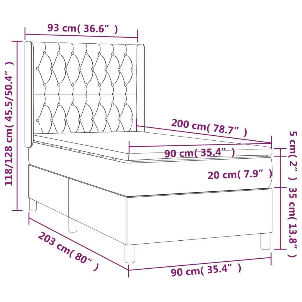 vidaXL Sänky jousilla ja patjalla, musta, 90x200 cm, sametti hinta ja tiedot | Sängyt | hobbyhall.fi