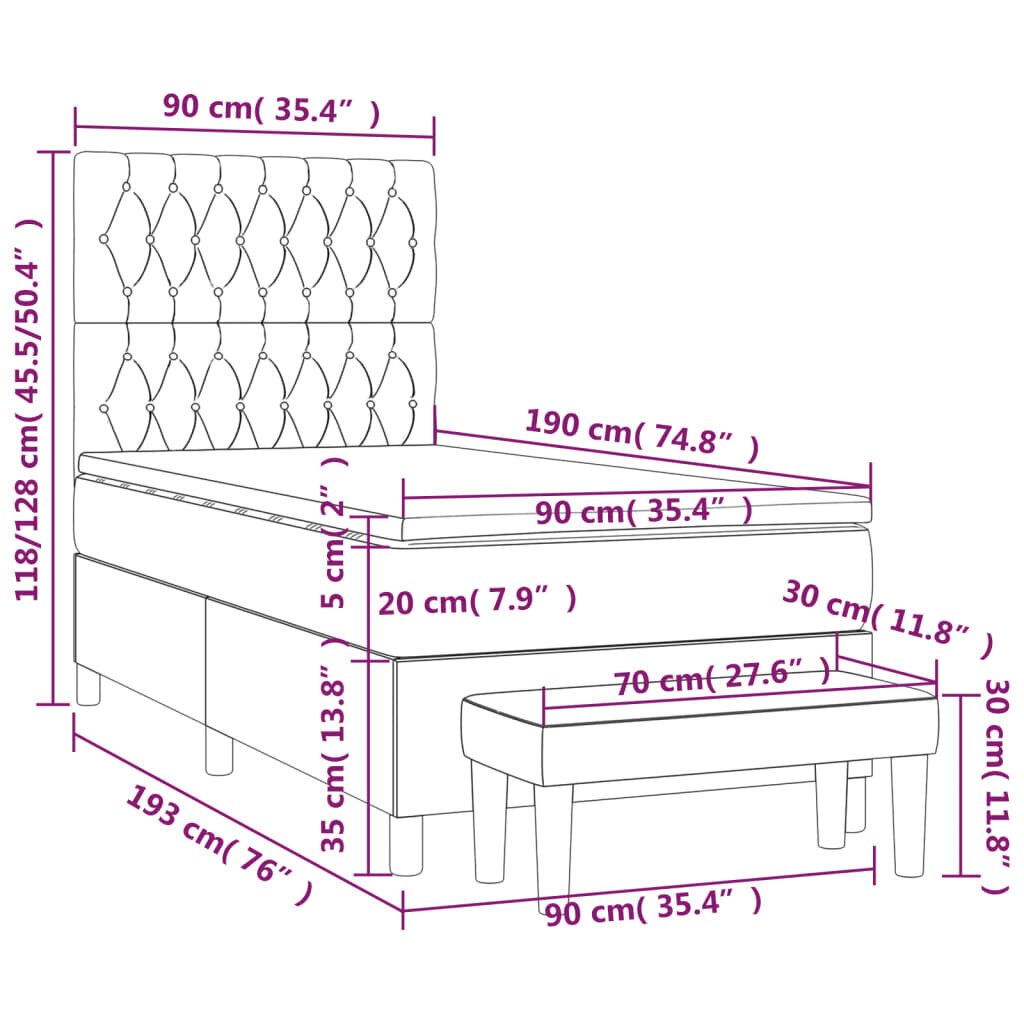 Sänky jousilla ja patjalla vidaXL, tummanharmaa, 90x190 cm., kangas hinta ja tiedot | Sängyt | hobbyhall.fi