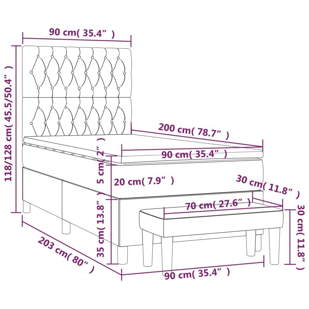 Sänky jousilla ja patjalla vidaXL, Kangas, 90x200 cm, harmaa hinta ja tiedot | Sängyt | hobbyhall.fi